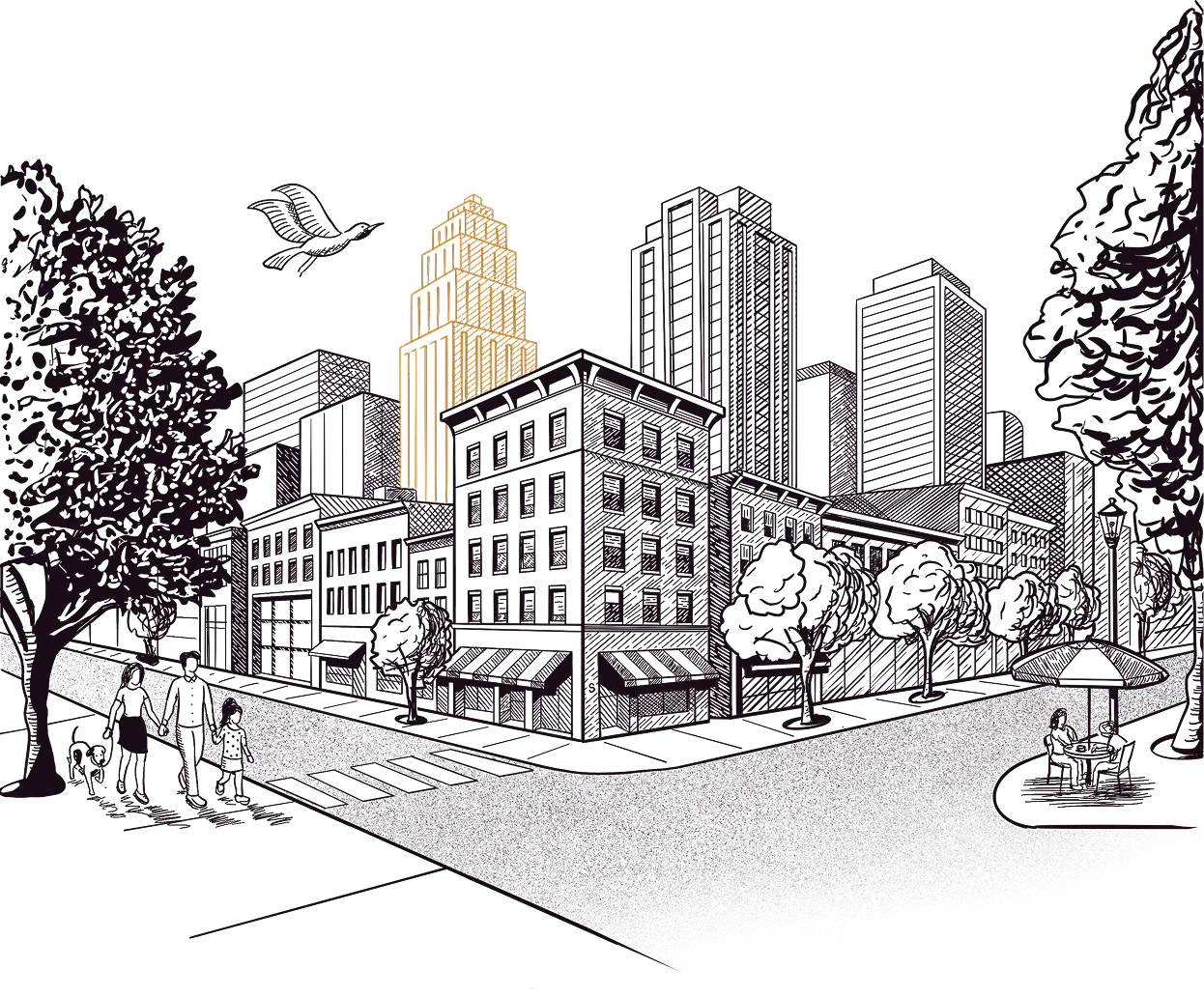 Familia paseando en una ciudad